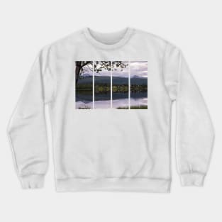 Wonderful landscapes in Norway. Nordland. Beautiful scenery of a valley with houses on the hill. Mirror in the lake. Calm water in a cloudy summer day. Snowed mountains in background. Crewneck Sweatshirt